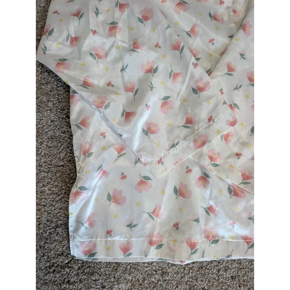 Vintage Delicates Satin Pajama Set Womens Large Floral Pink White Sleepwear 2pc